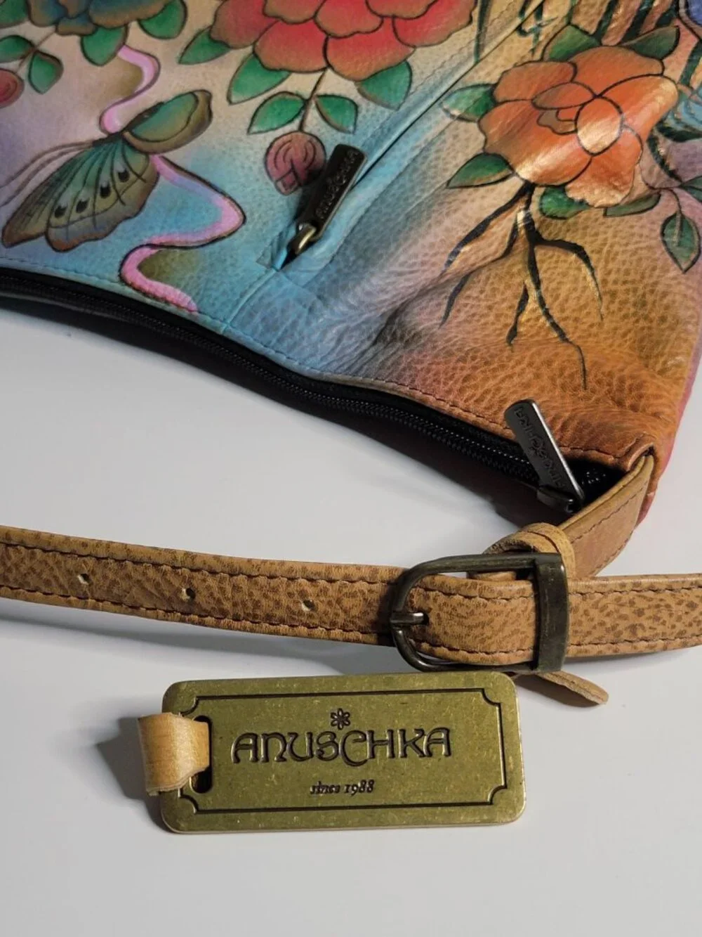 ANUSCHKA Painted Genuine Leather Hobo Shoulder Bag Tan Flowers Butterflies Purse